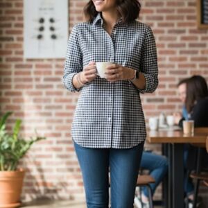 Chaps Black and White Gingham Check Button Down Shirt Cotton